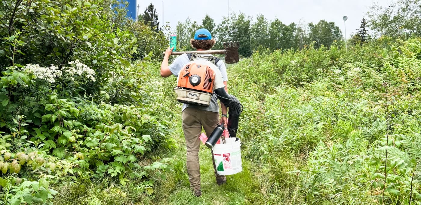 Trail volunteer carrying maintenance tools through a green trail corridor
